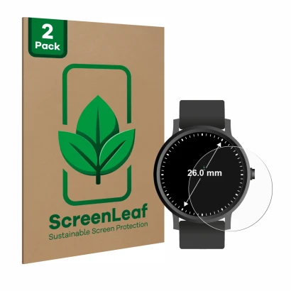 Parte frontal de un envase de producto con el logotipo de la marca ScreenLeaf. Al lado se muestra el dispositivo Relojes (Circ
