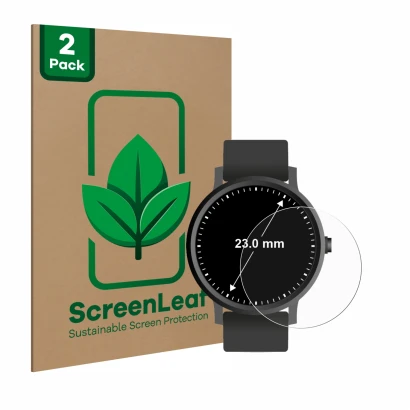 Parte frontal de un envase de producto con el logotipo de la marca ScreenLeaf. Al lado se muestra el dispositivo Relojes (Circ
