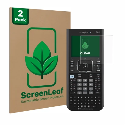 Parte frontal de un envase de producto con el logotipo de la marca ScreenLeaf. Al lado se muestra el dispositivo Texas Instrum