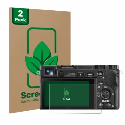 Parte frontal de un envase de producto con el logotipo de la marca ScreenLeaf. Al lado se muestra el dispositivo Sony Alpha 60
