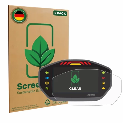 Parte frontal de un envase de producto con el logotipo de la marca ScreenLeaf. Al lado se muestra el dispositivo Ducati Monste