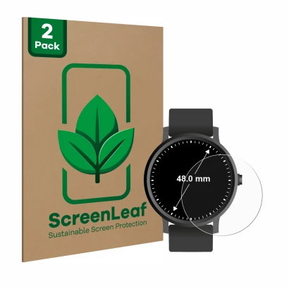 Parte frontal de un envase de producto con el logotipo de la marca ScreenLeaf. Al lado se muestra el dispositivo Relojes (Circ