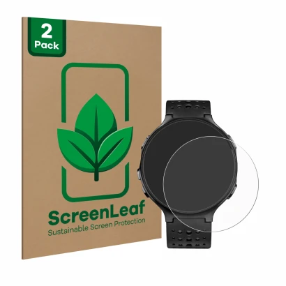 Parte frontal de un envase de producto con el logotipo de la marca ScreenLeaf. Al lado se muestra el dispositivo Garmin Foreru