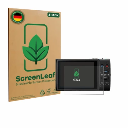 Parte frontal de un envase de producto con el logotipo de la marca ScreenLeaf. Al lado se muestra el dispositivo Canon Digital