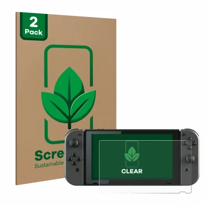 Parte frontal de un envase de producto con el logotipo de la marca ScreenLeaf. Al lado se muestra el dispositivo Nintendo Swit