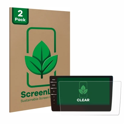 Parte frontal de un envase de producto con el logotipo de la marca ScreenLeaf. Al lado se muestra el dispositivo Volkswagen Go