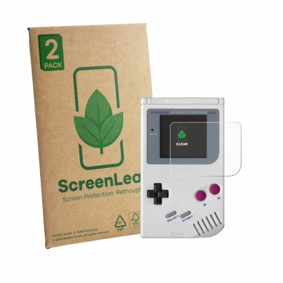 Parte frontal de un envase de producto con el logotipo de la marca ScreenLeaf. Al lado se muestra el dispositivo Nintendo Game
