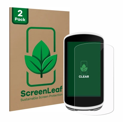 Parte frontal de un envase de producto con el logotipo de la marca ScreenLeaf. Al lado se muestra el dispositivo Garmin Edge 1