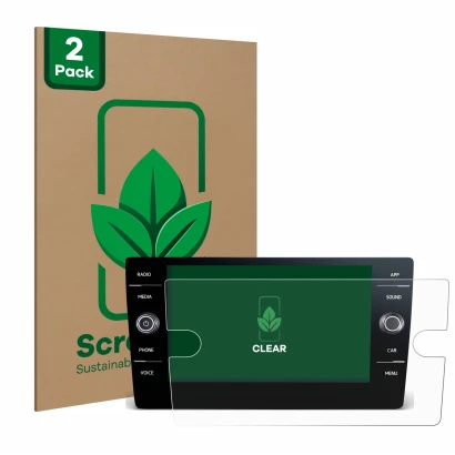 Parte frontal de un envase de producto con el logotipo de la marca ScreenLeaf. Al lado se muestra el dispositivo Volkswagen T-