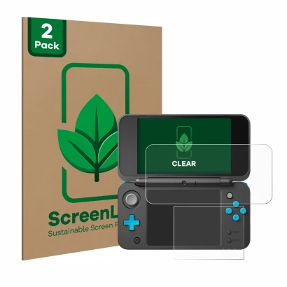 Parte frontal de un envase de producto con el logotipo de la marca ScreenLeaf. Al lado se muestra el dispositivo New Nintendo 