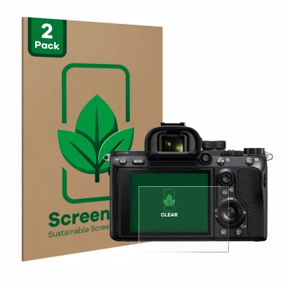 Parte frontal de un envase de producto con el logotipo de la marca ScreenLeaf. Al lado se muestra el dispositivo Sony Alpha 7 