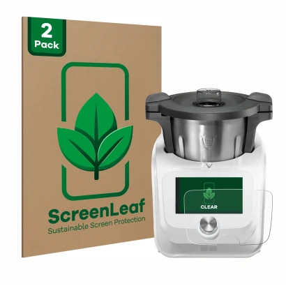 Parte frontal de un envase de producto con el logotipo de la marca ScreenLeaf. Al lado se muestra el dispositivo SilverCrest M