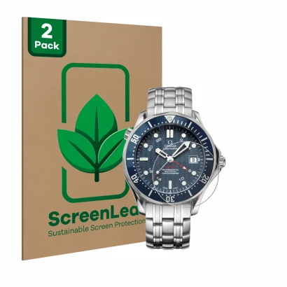 Parte frontal de un envase de producto con el logotipo de la marca ScreenLeaf. Al lado se muestra el dispositivo Omega Seamast