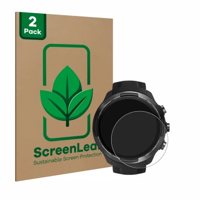Parte frontal de un envase de producto con el logotipo de la marca ScreenLeaf. Al lado se muestra el dispositivo Suunto 9 con 