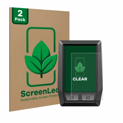 Parte frontal de un envase de producto con el logotipo de la marca ScreenLeaf. Al lado se muestra el dispositivo Bosch Kiox co