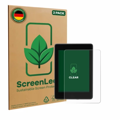 Parte frontal de un envase de producto con el logotipo de la marca ScreenLeaf. Al lado se muestra el dispositivo Amazon Kindle