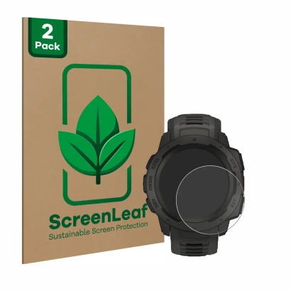 Parte frontal de un envase de producto con el logotipo de la marca ScreenLeaf. Al lado se muestra el dispositivo Garmin Instin