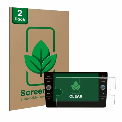 Parte frontal de un envase de producto con el logotipo de la marca ScreenLeaf. Al lado se muestra el dispositivo Volkswagen Go