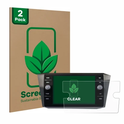 Parte frontal de un envase de producto con el logotipo de la marca ScreenLeaf. Al lado se muestra el dispositivo Volkswagen Ti