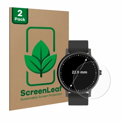 Parte frontal de un envase de producto con el logotipo de la marca ScreenLeaf. Al lado se muestra el dispositivo Circular Disp