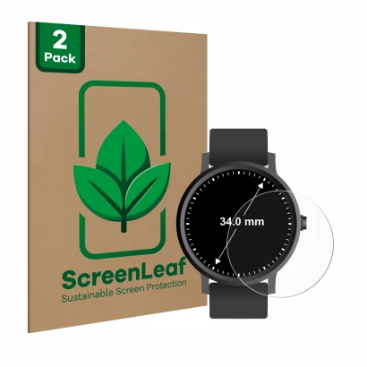 Parte frontal de un envase de producto con el logotipo de la marca ScreenLeaf. Al lado se muestra el dispositivo Circular Disp