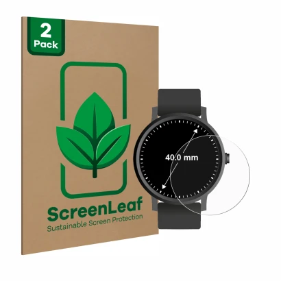 Parte frontal de un envase de producto con el logotipo de la marca ScreenLeaf. Al lado se muestra el dispositivo Circular Disp