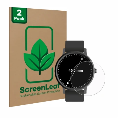 Parte frontal de un envase de producto con el logotipo de la marca ScreenLeaf. Al lado se muestra el dispositivo Circular Disp