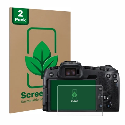 Parte frontal de un envase de producto con el logotipo de la marca ScreenLeaf. Al lado se muestra el dispositivo Canon EOS RP 