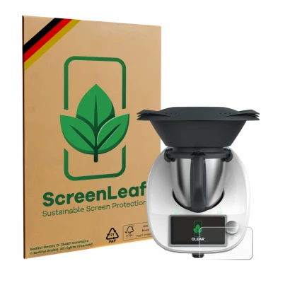 Parte frontal de un envase de producto con el logotipo de la marca ScreenLeaf. Al lado se muestra el dispositivo Vorwerk Therm