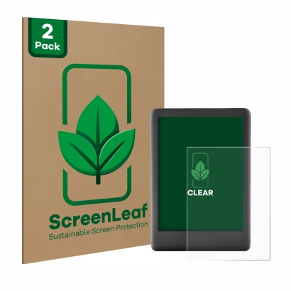 Parte frontal de un envase de producto con el logotipo de la marca ScreenLeaf. Al lado se muestra el dispositivo Amazon Kindle