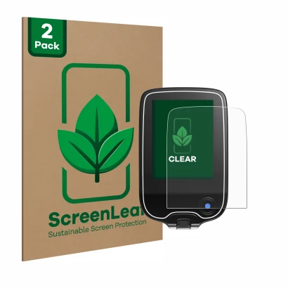 Parte frontal de un envase de producto con el logotipo de la marca ScreenLeaf. Al lado se muestra el dispositivo Freestyle Lib