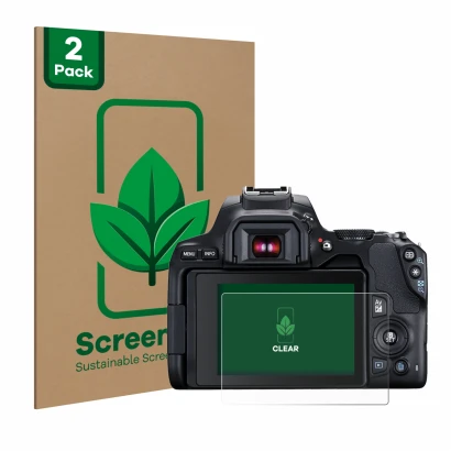Parte frontal de un envase de producto con el logotipo de la marca ScreenLeaf. Al lado se muestra el dispositivo Canon EOS 250