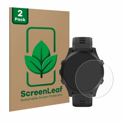 Parte frontal de un envase de producto con el logotipo de la marca ScreenLeaf. Al lado se muestra el dispositivo Garmin Foreru