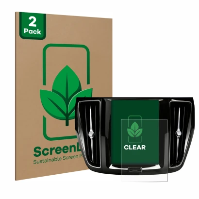 Parte frontal de un envase de producto con el logotipo de la marca ScreenLeaf. Al lado se muestra el dispositivo Volvo V60 Sen