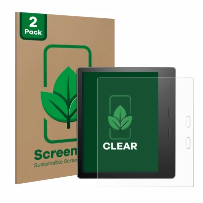Parte frontal de un envase de producto con el logotipo de la marca ScreenLeaf. Al lado se muestra el dispositivo Amazon Kindle