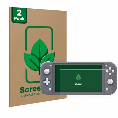 Parte frontal de un envase de producto con el logotipo de la marca ScreenLeaf. Al lado se muestra el dispositivo Nintendo Swit
