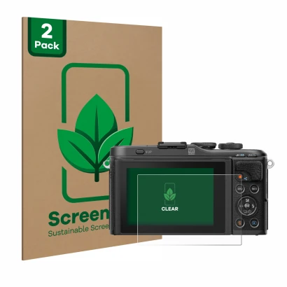 Parte frontal de un envase de producto con el logotipo de la marca ScreenLeaf. Al lado se muestra el dispositivo Olympus PEN E