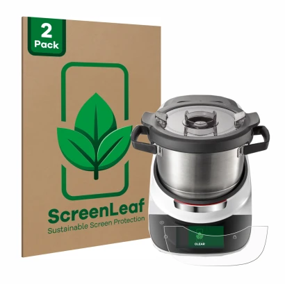 Parte frontal de un envase de producto con el logotipo de la marca ScreenLeaf. Al lado se muestra el dispositivo Bosch Cookit 