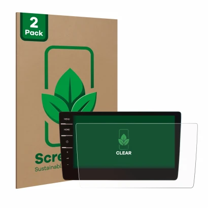 Parte frontal de un envase de producto con el logotipo de la marca ScreenLeaf. Al lado se muestra el dispositivo Volkswagen Ti