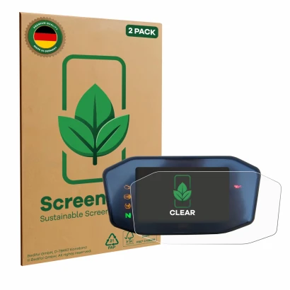 Parte frontal de un envase de producto con el logotipo de la marca ScreenLeaf. Al lado se muestra el dispositivo KTM 890 Duke 