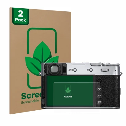 Parte frontal de un envase de producto con el logotipo de la marca ScreenLeaf. Al lado se muestra el dispositivo Fujifilm X100