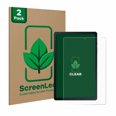 Parte frontal de un envase de producto con el logotipo de la marca ScreenLeaf. Al lado se muestra el dispositivo Samsung Galax