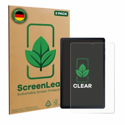 Parte frontal de un envase de producto con el logotipo de la marca ScreenLeaf. Al lado se muestra el dispositivo Samsung Galax