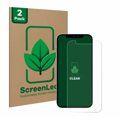 Parte frontal de un envase de producto con el logotipo de la marca ScreenLeaf. Al lado se muestra el dispositivo Apple iPhone 