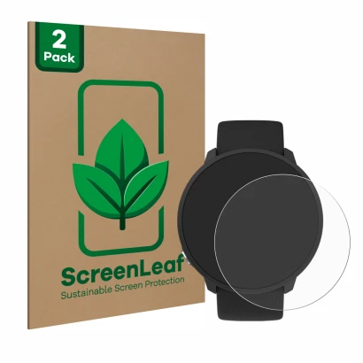 Parte frontal de un envase de producto con el logotipo de la marca ScreenLeaf. Al lado se muestra el dispositivo Polar Unite c