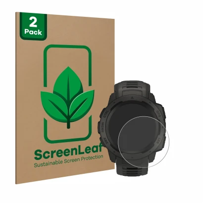 Parte frontal de un envase de producto con el logotipo de la marca ScreenLeaf. Al lado se muestra el dispositivo Garmin Instin
