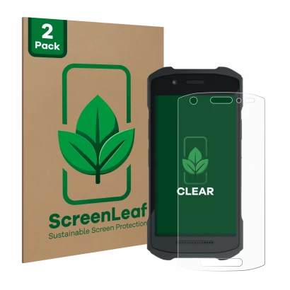 Parte frontal de un envase de producto con el logotipo de la marca ScreenLeaf. Al lado se muestra el dispositivo Zebra TC21 co