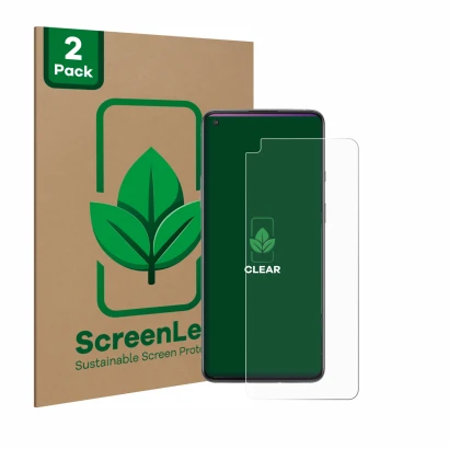 Parte frontal de un envase de producto con el logotipo de la marca ScreenLeaf. Al lado se muestra el dispositivo OnePlus 8T co