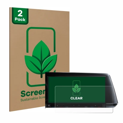 Parte frontal de un envase de producto con el logotipo de la marca ScreenLeaf. Al lado se muestra el dispositivo Volkswagen Go