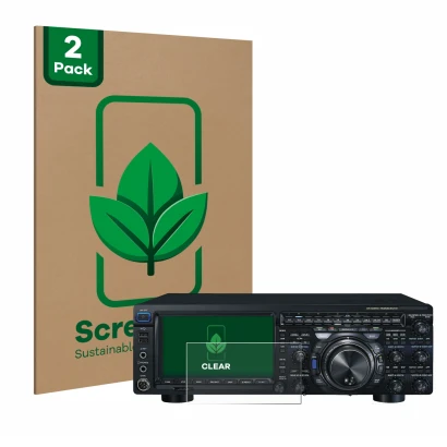 Parte frontal de un envase de producto con el logotipo de la marca ScreenLeaf. Al lado se muestra el dispositivo Yaesu FT-DX10